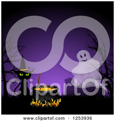Clipart of a Ghost and Halloween Witch Cat with a Cauldron over Purple - Royalty Free Vector Illustration by elaineitalia
