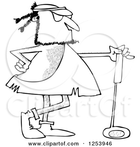 Clipart of a Black and White Caveman Golfer with a Club - Royalty Free Vector Illustration by djart