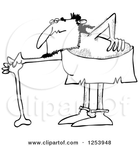 Clipart of a Black and White Caveman with a Bad Back, Bending over onto a Bone Cane - Royalty Free Vector Illustration by djart