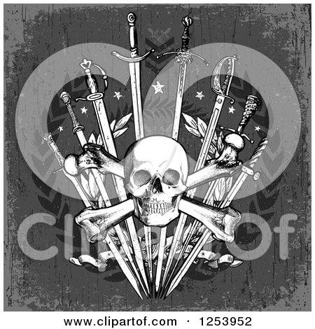 Clipart of a Grungy Skull and Crossbones over Swords, a Laurel Wreath and Gray - Royalty Free Vector Illustration by BestVector