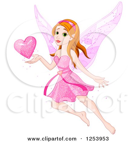 Clipart of a Valentine Fairy Flying with a Pink Heart - Royalty Free Vector Illustration by Pushkin
