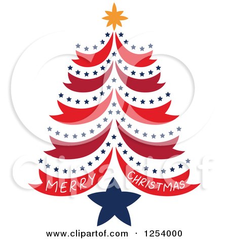 Clipart of a Merry Christmas Greeting and Red and Blue Star Tree - Royalty Free Vector Illustration by Cherie Reve