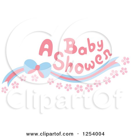 Clipart of a Baby Shower Text over a Blue and Pink Bow and Flowers - Royalty Free Vector Illustration by Cherie Reve