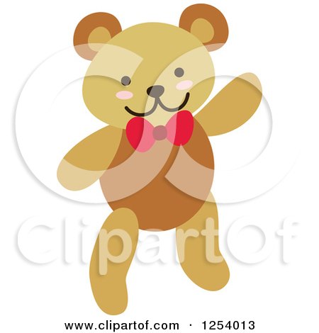 Clipart of a Happy Teddy Bear Waving and Wearing a Red Bow - Royalty Free Vector Illustration by Cherie Reve
