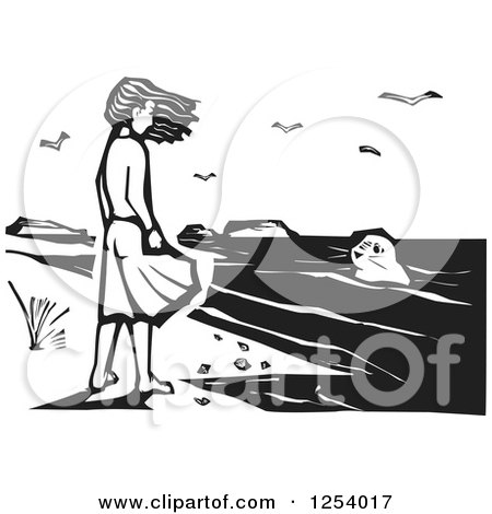 Clipart of a Black and White Woodcut Girl Watching a Seal from a Beach - Royalty Free Vector Illustration by xunantunich