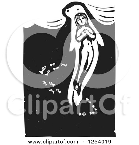 Clipart of a Black and White Woodcut School of Fish and Mythical Selkie Woman Swimming Inside a Seal Skin - Royalty Free Vector Illustration by xunantunich