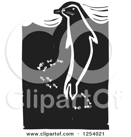 Clipart of a Black and White Woodcut Swimming Seal and Fish - Royalty Free Vector Illustration by xunantunich