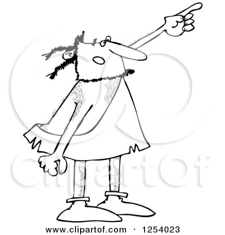 Clipart of a Black and White Caveman Pointing Upwards - Royalty Free Vector Illustration by djart