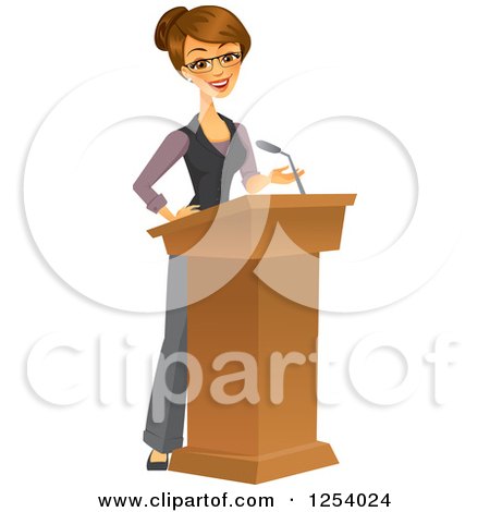 Clipart of a Brunette Caucasian Businesswoman Giving a Speech at a Podium - Royalty Free Vector Illustration by Amanda Kate