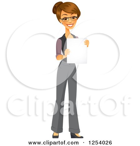 Clipart of a Brunette Caucasian Businesswoman Holding a Piece of Paper - Royalty Free Vector Illustration by Amanda Kate