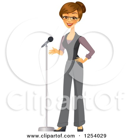 Clipart of a Brunette Caucasian Businesswoman Talking into a Microphone - Royalty Free Vector Illustration by Amanda Kate