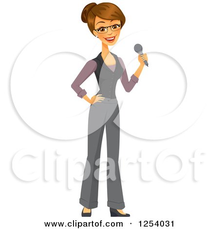 Clipart of a Brunette Caucasian Businesswoman Holding a Microphone - Royalty Free Vector Illustration by Amanda Kate