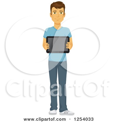 Clipart of a Casual Brunette Caucasian Man Holding a Tablet Computer - Royalty Free Vector Illustration by Amanda Kate
