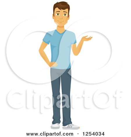 Clipart of a Casual Brunette Caucasian Man Presenting - Royalty Free Vector Illustration by Amanda Kate