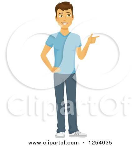 Clipart of a Casual Brunette Caucasian Man Pointing - Royalty Free Vector Illustration by Amanda Kate