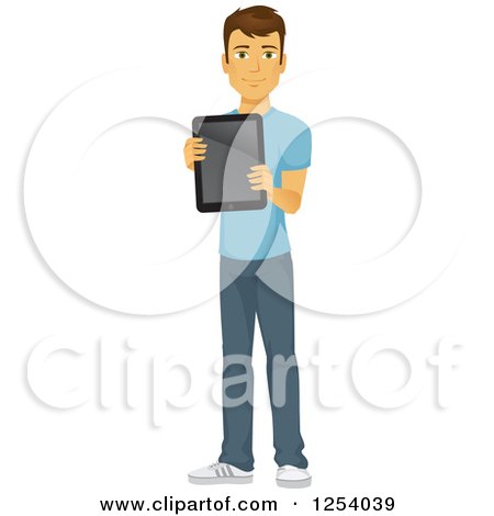 Clipart of a Casual Brunette Caucasian Man Holding out a Tablet Computer - Royalty Free Vector Illustration by Amanda Kate