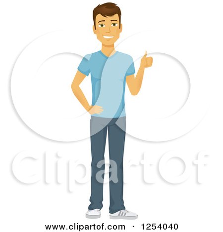 Clipart of a Casual Brunette Caucasian Man Holding a Thumb up - Royalty Free Vector Illustration by Amanda Kate