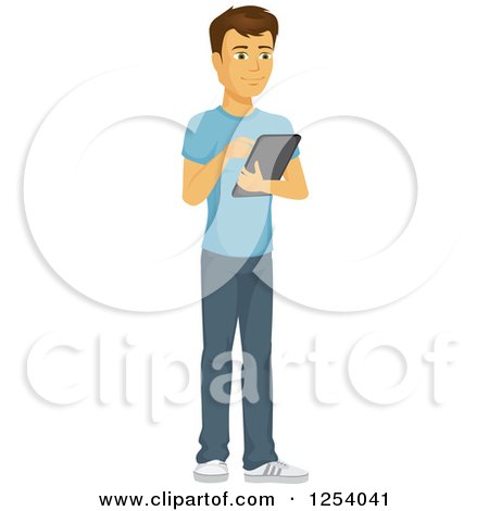 Clipart of a Casual Brunette Caucasian Man Using a Tablet Computer - Royalty Free Vector Illustration by Amanda Kate