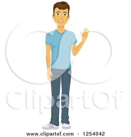 Clipart of a Casual Brunette Caucasian Man Waving - Royalty Free Vector Illustration by Amanda Kate