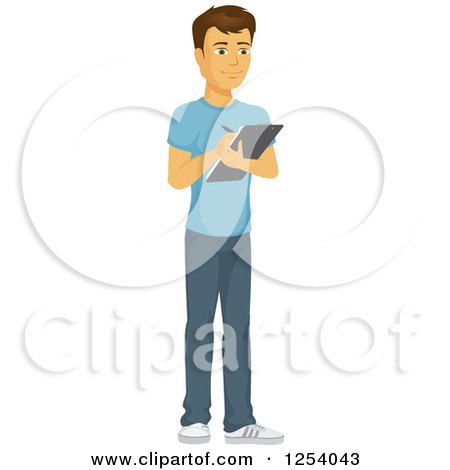 Clipart of a Casual Brunette Caucasian Man Writing on a Clipboard - Royalty Free Vector Illustration by Amanda Kate