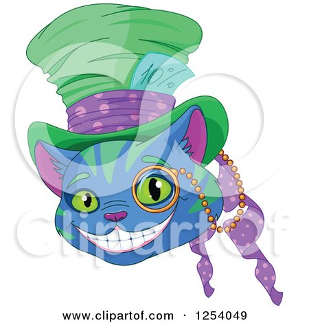 Clipart of a Grinning Blue and Green Cheshire Cat Wearing a Hat - Royalty Free Vector Illustration by Pushkin