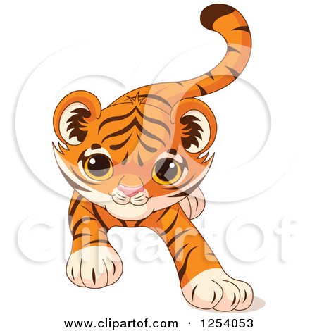 Clipart of a Cute Playful Tiger Cub Stalking - Royalty Free Vector Illustration by Pushkin