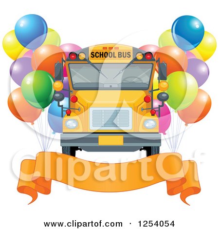 Clipart of a School Bus with Party Balloons and a Banner - Royalty Free Vector Illustration by Pushkin