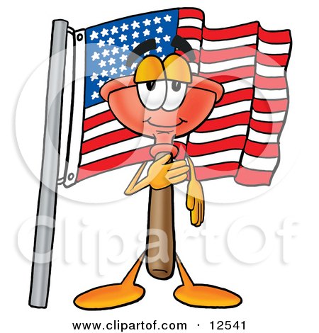 Clipart Picture of a Sink Plunger Mascot Cartoon Character Pledging Allegiance to an American Flag by Mascot Junction