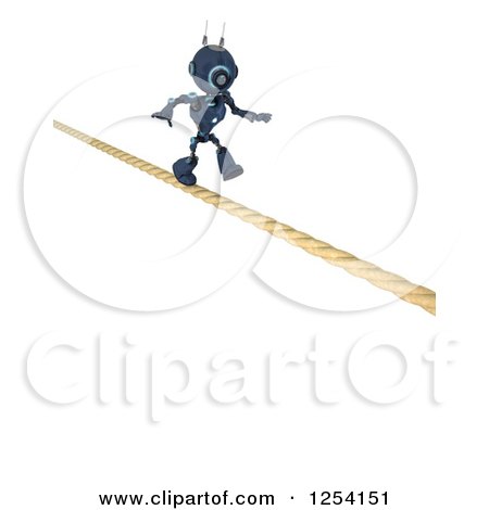 Clipart of a 3d Blue Android Robot Crossing a Tight Rope - Royalty Free Illustration by KJ Pargeter