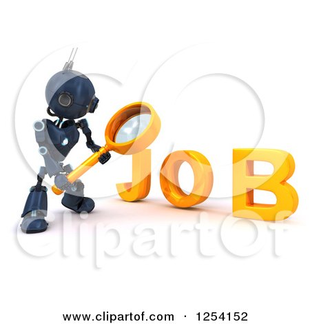 Clipart of a 3d Blue Android Robot Using a Magnifying Glass to Search for a Job - Royalty Free Illustration by KJ Pargeter