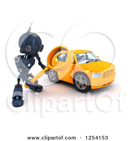 Clipart of a 3d Blue Android Robot Using a Magnifying Glass to Search for a Car - Royalty Free Illustration by KJ Pargeter