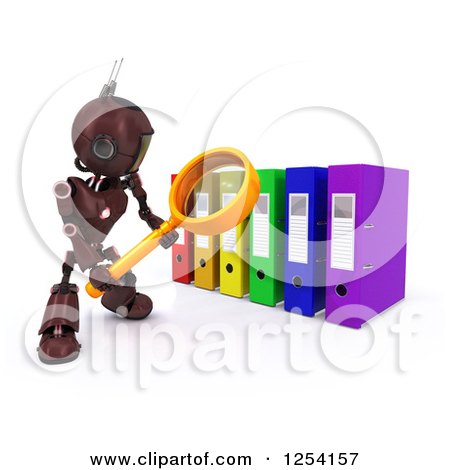 Clipart of a 3d Red Android Robot Using a Magnifying Glass to Binders - Royalty Free Illustration by KJ Pargeter