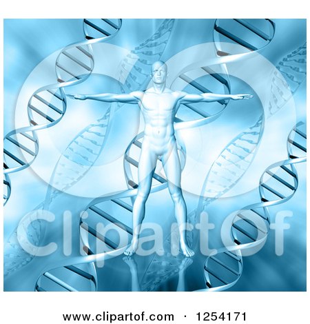 Clipart of a 3d Man Standing over a Blue Dna Background - Royalty Free Illustration by KJ Pargeter