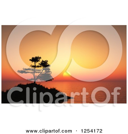 Clipart of a 3d Silhouetted Tree and Island Against an Orange Ocean Sunset - Royalty Free Illustration by KJ Pargeter