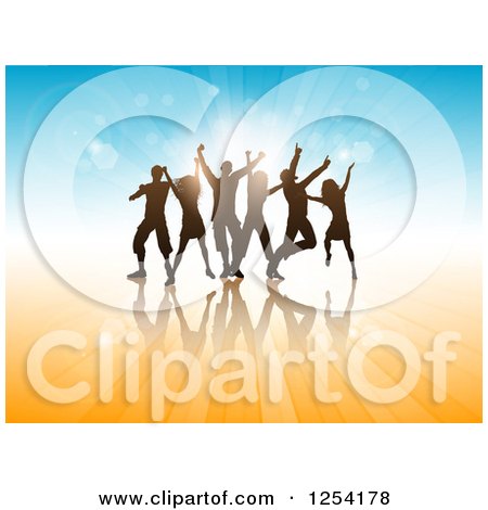 Clipart of a Team of Silhouetted Dancers over Blue and Orange - Royalty Free Vector Illustration by KJ Pargeter