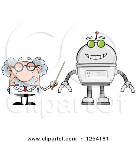 Clipart of a Senior Male Scientist Discussing a Robot - Royalty Free Vector Illustration by Hit Toon