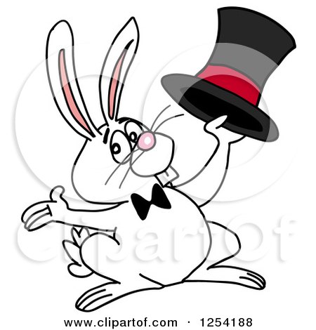 Clipart of a White Rabbit Holding a Top Hat - Royalty Free Vector Illustration by LaffToon