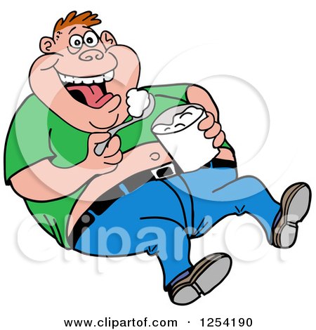 Clipart of an Obese White Man Laughing and Eating Food from a Bucket - Royalty Free Vector Illustration by LaffToon