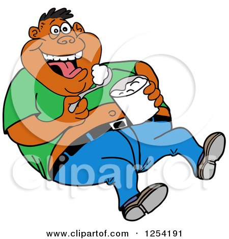 Clipart of an Obese Black Man Laughing and Eating Food from a Bucket - Royalty Free Vector Illustration by LaffToon