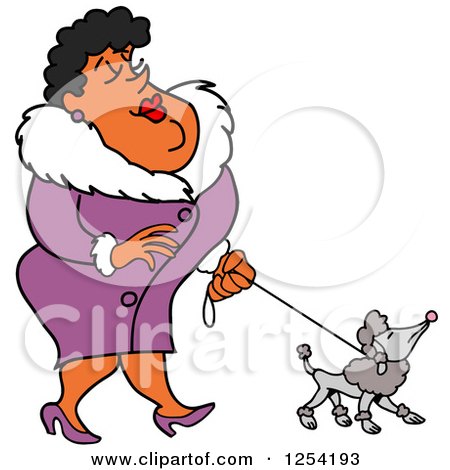 Clipart of a Sophisticated Black Woman Walking a Poodle - Royalty Free Vector Illustration by LaffToon