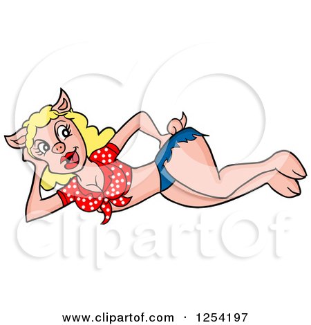Clipart of a Sexy Blond Hillbilly Pig Resting on Her Side - Royalty Free Vector Illustration by LaffToon