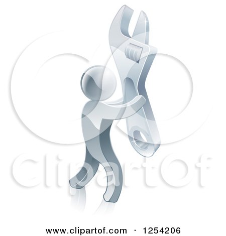 Clipart of a 3d Silver Man Carrying a Large Adjustable Wrench - Royalty Free Vector Illustration by AtStockIllustration