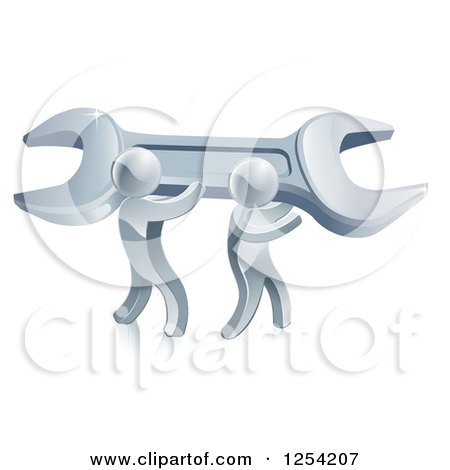 Clipart of 3d Silver Men Carrying a Giant Wrench - Royalty Free Vector Illustration by AtStockIllustration