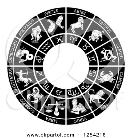 Clipart of a Black and White Horoscope Astrology Star Sign Circle - Royalty Free Vector Illustration by AtStockIllustration