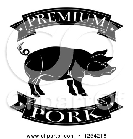 Clipart of a Black and White Premium Pork Food Banners and Pig - Royalty Free Vector Illustration by AtStockIllustration