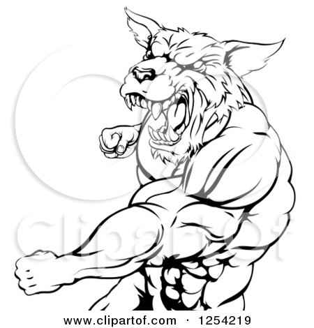 Clipart of a Black and White Punching Muscular Wolf Man Mascot - Royalty Free Vector Illustration by AtStockIllustration