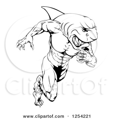 Clipart of a Black and White Muscular Shark Man Mascot Running - Royalty Free Vector Illustration by AtStockIllustration