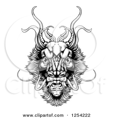 Clipart of a Black and White Woodcut Dragon Head - Royalty Free Vector Illustration by AtStockIllustration