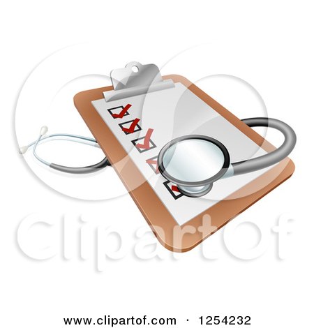 Clipart of a 3d Stethoscope on a Medical Records Clipboard - Royalty Free Vector Illustration by AtStockIllustration