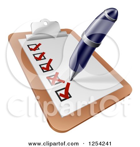 Clipart of a Blue Pen Checking on Items on a Clipboard - Royalty Free Vector Illustration by AtStockIllustration